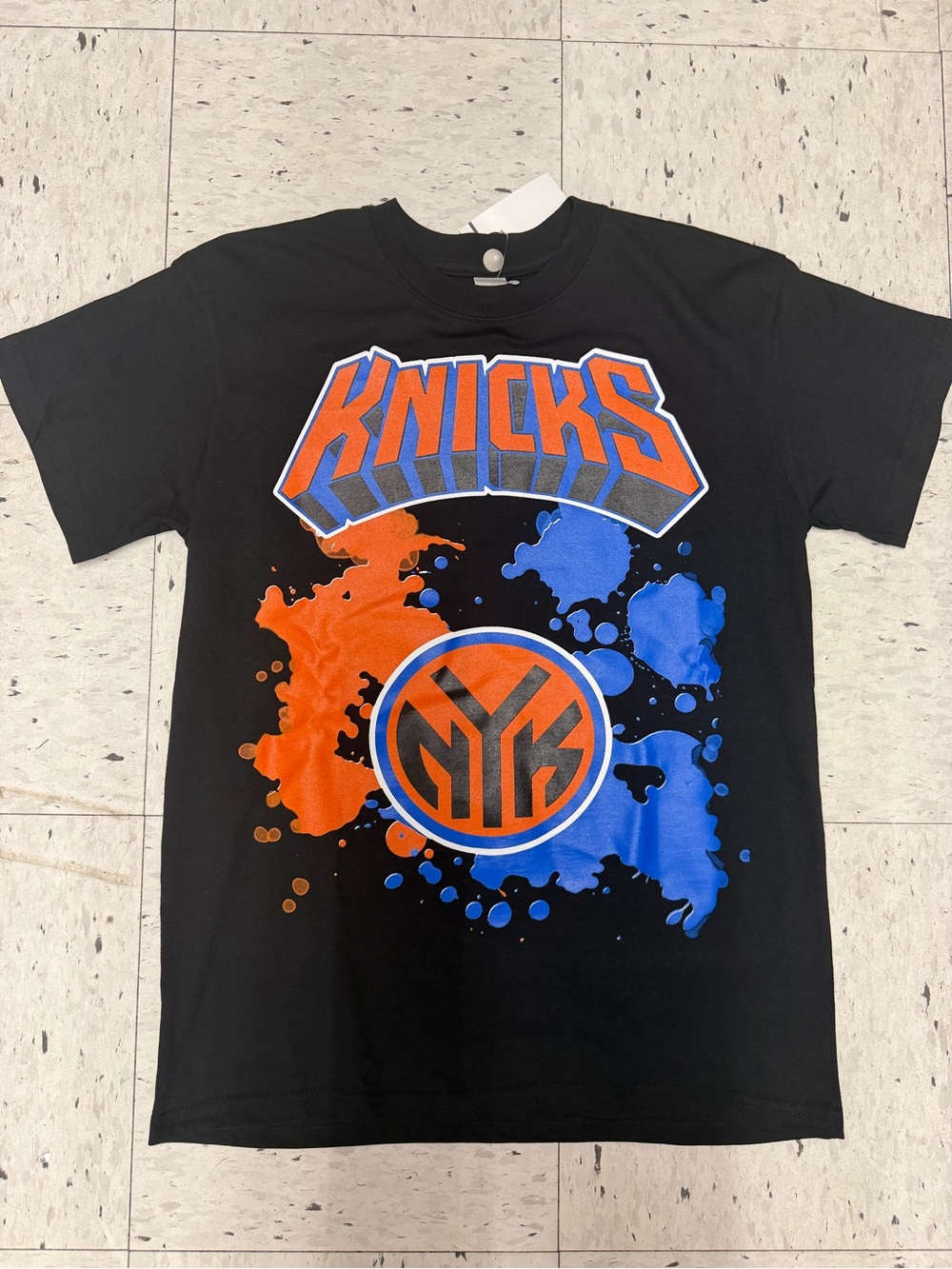 New York Knicks Black Graphic Tee with Orange & Blue Logo